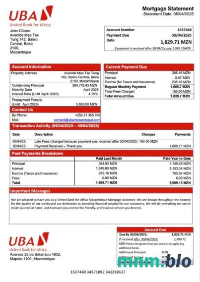 Mozambik United Bank for Africa Moçambique wyciąg z kredytu hipotecznego szablon Word i PDF
